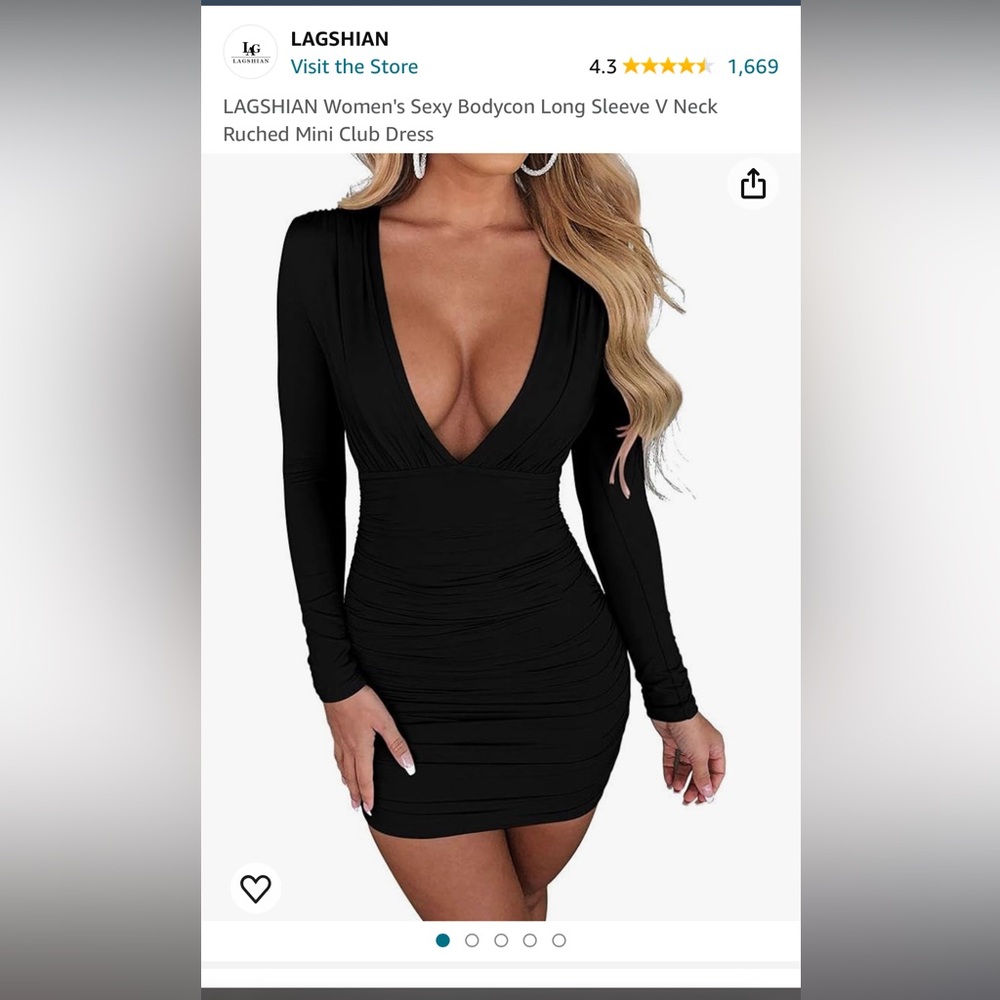 LAGSHIAN Women's Sexy Bodycon Long Sleeve V Neck Ruched Mini Club Dress size M